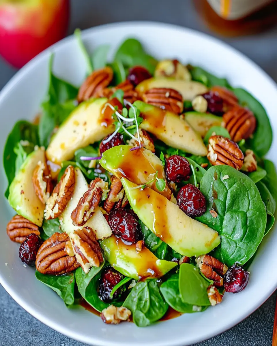 Apple, Pecan, Cranberry, and Avocado Spinach Salad with Balsamic Dressing First Image First Image